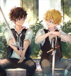 2boys achan_(blue_semi) arm_rest bangs black_hair black_pants black_ribbon black_vest blonde_hair blue_eyes boots collared_shirt dark-skinned_male dark_skin day feet_out_of_frame green_eyes grey_pants hands_on_hilt holding holding_sword holding_weapon jeremy_von_neuschwanstein knee_boots looking_to_the_side male_focus multiple_boys neck_ribbon norra_von_neuremberg outstretched_arms own_hands_together pants pants_tucked_in reaching_out ribbon shirt short_hair side-by-side sitting sleeves_rolled_up sword the_fantasie_of_a_stepmother vest weapon white_shirt