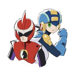  2boys armor assault_visor black_hair blue_bodysuit blue_helmet bodysuit green_eyes helmet long_hair looking_at_viewer male_focus mega_man_(series) mega_man_battle_network_(series) megaman.exe multiple_boys netnavi noro_zt protoman.exe red_armor red_helmet short_hair simple_background smile upper_body white_background white_hair 