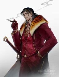  1boy absurdres beard_stubble black_hair blonde_streaks cigar coat commentary_request facial_hair gloves gold_trim grin highres holding holding_cigar lei_heng_(project_moon) limbus_company looking_at_viewer medium_hair multicolored_hair pants pectoral_cleavage pectorals pink_coat pink_gloves pink_pants pink_shirt pink_vest project_moon rombit_peace shirt simple_background smile smoke smoking solo streaked_hair stubble sword vest weapon white_background 