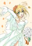  1girl akatsuki_kirika blonde_hair bouquet dress gloves green_dress green_eyes highres kanna_(plum) senki_zesshou_symphogear short_hair veil wedding_dress 