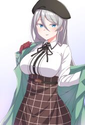  1girl black_hat black_ribbon blue_eyes breasts brown_skirt cinderella_series closed_mouth colored_eyelashes elena_starffin garukichi gloves grey_hair hachigatsu_no_cinderella_nine hair_between_eyes hat high-waist_skirt highres large_breasts neck_ribbon red_gloves removing_coat ribbon shirt skirt solo tongue tongue_out white_shirt 