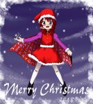  1girl 2018 adapted_costume blush boots brown_hair christmas cloak clothes_writing english_text glasses hat henkatakari highres kneehighs letter long_sleeves purple_sleeves quimbaya_airplane runes santa_hat short_twintails smile snow touhou twintails usami_sumireko winter zun_(style) 