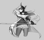  1girl animal_ear_fluff animal_ears arknights bangs book closed_eyes closed_mouth coat cropped_legs fkskii65 fur-trimmed_coat fur_trim grey_background greyscale hair_between_eyes holding holding_sword holding_weapon legwear_under_shorts long_hair long_sleeves monochrome official_alternate_costume open_book pantyhose short_shorts shorts simple_background solo sweater sword texas_(arknights) texas_(winter_messenger)_(arknights) weapon wolf_ears 