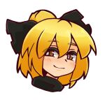  1girl black_bow blonde_hair bow bright_pupils brown_eyes closed_mouth hair_bow kide_koushin kurodani_yamame portrait short_hair simple_background smile solo touhou white_background white_pupils 