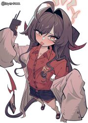  1girl ahoge armband artist_name black_sandals black_shorts blue_archive blush brown_coat brown_eyes brown_hair coat coat_partially_removed collarbone collared_shirt dated demon_horns demon_tail from_above hair_between_eyes hair_intakes hair_over_shoulder half-closed_eye halo highres holding holding_walkie-talkie horns kasumi_(blue_archive) layer_(layer_illust) long_hair red_armband red_shirt sandals shirt shorts sidelocks sleeves_past_fingers sleeves_past_wrists solo standing tail tongue tongue_out walkie-talkie white_background 