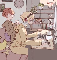  2girls absurdres aigis_(persona) analog_clock android at_computer blonde_hair bookshelf brown_hood cat character_doll clock computer_keyboard controller cosplay couch cup doll eevee eevee_(cosplay) gold_hairband hairband headphones highres holding holding_cup indoors lamp long_sleeves mechanical_hands monitor moon-shaped_pillow mousepad_(object) multiple_girls on_couch onesie persona persona_3 persona_3_portable picture_frame pikachu pikachu_(cosplay) plant pokemon potted_plant red_hair robot_ears shiomi_kotone short_hair sitting tbjj1208 yellow_hood 