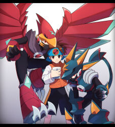  absurdres armor blue_headband bodysuit brothers brown_eyes brown_hair claws falzar_(mega_man) forehead_jewel green_helmet gregar_(mega_man) headband helmet highres lan_hikari_(mega_man) mask mega_man_(series) mega_man_battle_network_(series) mega_man_battle_network_6 megaman.exe mizuirov mouth_mask netnavi orange_vest personal_terminal red_eyes red_helmet red_wings shirt short_hair siblings simple_background smile tail vest white_shirt wings 