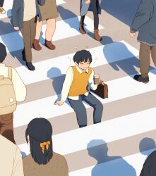  1boy aoicancerius arm_at_side arm_support bag black_hair choppy_bangs closed_eyes closed_mouth commentary crosswalk cup disposable_coffee_cup disposable_cup english_commentary grey_pants hand_up highres holding holding_cup long_sleeves male_focus morning optical_illusion orange_sweater_vest original outdoors pants people shadow shirt short_hair solo_focus squeans sweater_vest very_short_hair waking_up wavy_mouth white_shirt 