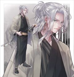  1boy black_kimono black_socks border closed_mouth curtained_hair earrings full_body green_eyes grey_background grey_jacket half_updo hand_on_hilt hand_on_own_hip haori highres hoop_earrings jacket japanese_clothes jewelry katana kimono looking_at_viewer male_focus medium_hair open_clothes open_jacket original outside_border parted_bangs sandals sash serious sheath sheathed shiosawaori sidelocks sideways_glance socks solo standing striped_clothes striped_kimono sword tabi vertical-striped_clothes vertical-striped_kimono waist_sash weapon white_border white_hair yellow_sash zoom_layer zouri 