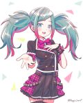  1girl :d aegissanp artist_name bangs belt blue_eyes blue_hair bow bowtie buttons double-breasted hair_ornament hairclip hand_on_own_chest hatsune_miku highres jacket layered_skirt leo/need_(project_sekai) long_hair looking_at_viewer multicolored_hair open_mouth parted_bangs pink_hair plaid pleated_skirt project_sekai reaching_out safety_pin skirt smile solo thigh-highs triangle twintails two-tone_hair wrist_cuffs 