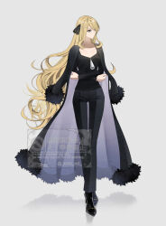  1girl black_jacket black_pants black_shirt blonde_hair cynthia_(pokemon) full_body green_eyes grey_background hair_ornament high_heels jacket long_hair pants pokemon pokemon_dppt sakaralalala shirt simple_background solo standing watermark 