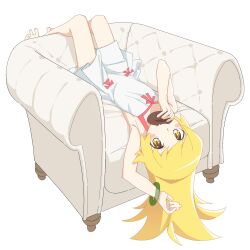  1girl absurdres armpits blonde_hair blush_stickers bracelet couch doughnut dress eating food highres holding holding_donut holding_food jewelry legs_up long_hair looking_at_viewer lying monogatari_(series) on_back oshino_shinobu pink_ribbon ri-el ribbon solo white_background white_dress yellow_eyes 