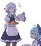  2girls absurdres apron black_legwear blue_bow blue_dress blue_eyes blue_hair blush bow braid cirno closed_eyes closed_mouth collared_shirt dress fairy food green_bow grey_hair hair_bow highres ice ice_wings izayoi_sakuya kame_(kamepan44231) multiple_girls one-hour_drawing_challenge open_mouth pasta shirt short_hair short_sleeves simple_background smile spaghetti touhou twin_braids waist_apron white_apron white_background white_shirt wings 