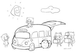  4girls :d animal_ears animal_hat artist_self-insert bear_ears box capriccio cat_ears cat_girl cat_tail chibi clouds collared_dress commentary_request dated dog_ears dog_tail dress fake_animal_ears frog_egg frog_hat hat holding holding_box jacket long_sleeves motor_vehicle multiple_girls newsboy_cap on_van original pleated_skirt shirt simple_background sitting skirt smile sun_symbol tail van vehicle_request white_background 