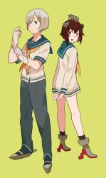  1boy 1girl adjusting_clothes adjusting_gloves arms_behind_back black_pants blue_eyes brown_eyes brown_hair closed_mouth commentary dress emu_(eomou) genderswap genderswap_(ftm) gloves green_background grey_hair hair_ornament hair_over_one_eye hairclip hamakaze_(kancolle) headgear kantai_collection looking_at_viewer neckerchief open_mouth orange_neckerchief pants rudder_footwear sailor_collar sailor_dress school_uniform short_dress short_hair short_sleeves simple_background standing white_gloves yukikaze_(kancolle) 