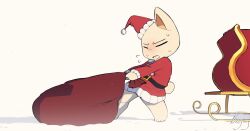  1boy animal_ears belt cat_boy cat_ears cat_tail chibikemo christmas closed_eyes commentary doko_demo_issyo english_commentary flying_sweatdrops furry furry_male hat highres holding holding_sack inoue_toro male_focus open_mouth red_hat sack santa_costume santa_hat signature simple_background sleigh solo sweat tail white_background wolfaroon 