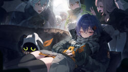  4boys 4girls \||/ absurdres anby_demara animal_ears bangboo_(zenless_zone_zero) belle_(zenless_zone_zero) billy_kid black_gloves black_jacket black_thighhighs blue_hair burger cat_ears cat_girl closed_eyes commentary_request couch double-parted_bangs down_jacket eous_(zenless_zone_zero) fingernails food fur-trimmed_jacket fur_trim gloves green_eyes green_jacket hair_between_eyes highres holding holding_burger holding_food holding_phone humanoid_robot jacket lying multiple_boys multiple_girls nekomiya_mana nicole_demara on_couch one_eye_closed patrick_star phone pillow rabbit_ears red_jacket red_scarf robot robot_boy scarf sleepy squidward_tentacles sushispin sweat thigh-highs w white_hair wise_(zenless_zone_zero) yellow_eyes zenless_zone_zero 