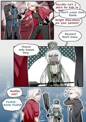  1girl 2boys black_coat black_shirt blue_vest charon_(project_moon) chinese_commentary coat commentary_request cowboy_shot crossed_arms dante_(devil_may_cry) devil_may_cry_(series) english_text goawat grey_eyes grey_hat greyscale hat highres holding holding_oar limbus_company long_hair low_twintails monochrome multiple_boys oar open_mouth project_moon red_coat shako_cap shirt speech_bubble twintails vergil_(devil_may_cry) very_long_hair vest white_hair 