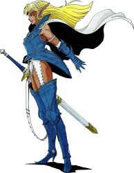  1girl absurdres armor blonde_hair boots cape dark_elf dark_elf_(megami_tensei) demon_(megami_tensei) earrings elf full_body gauntlets green_eyes hairband highres jewelry kazuma_kaneko official_art pointy_ears scabbard sheath shin_megami_tensei shin_megami_tensei_ii simple_background solo sword third-party_source transparent_background weapon white_cape 