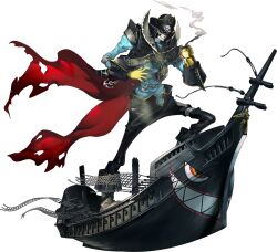  1boy absurdres artist_request boots captain_kidd_(persona) chain eyepatch hat highres official_art persona persona_(summon) persona_5 persona_5:_the_phantom_x pirate_hat pirate_ship simple_background skull smoke solo standing sword third-party_source torn_clothes transparent_background weapon yellow_eyes 