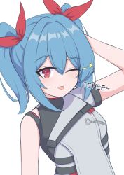  1girl ;p absurdres arm_behind_head blue_hair blush breasts colphne_(girls'_frontline_2) dress elmo_dormitory_outfit girls'_frontline_2:_exilium girls_frontline hair_between_eyes hair_ribbon heart heart_in_eye highres medium_hair one_eye_closed red_eyes red_ribbon ribbon risu_(risu028) single_bare_shoulder sleeveless sleeveless_dress small_breasts solo symbol_in_eye tongue tongue_out twintails upper_body 