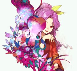  1girl bleeding_heart_(flower) flower flower_over_eye high_ponytail holding holding_smoking_pipe japanese_clothes kaigen_1025 kimono kiseru komakusa_sannyo looking_at_viewer name_connection object_namesake ponytail purple_hair red_eyes red_kimono smile smoking_pipe solo touhou wavy_hair 