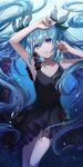  1girl absurdres armpits ayatsuki_hina bangs bare_arms black_bow black_dress blue_eyes blue_hair bow breasts collarbone commentary dress floating_hair hair_between_eyes hair_bow hatsune_miku highres long_hair open_mouth shinkai_shoujo_(vocaloid) shiny shiny_hair short_dress sleeveless sleeveless_dress small_breasts solo twintails underwater very_long_hair vocaloid 