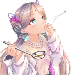 1girl aqua_eyes bead_necklace beads blue_eyes blush braid brown_hair brown_shirt dark-skinned_female dark_skin earrings facial_mark finger_to_mouth forehead_mark grey_hair hair_ornament heaven_burns_red highres holding holding_spoon jacket jewelry long_hair looking_up low_twintails native_american necklace parted_bangs pearl_necklace shirt simple_background solo spoon twintails upper_body vritika_balakrishnan white_background white_jacket yumeclo 