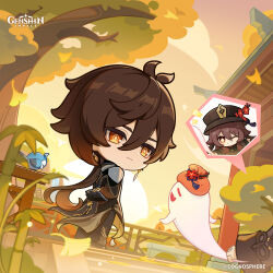  1boy 1girl absurdres bird black_gloves black_hair black_hat boo_tao_(genshin_impact) chibi closed_mouth coat commentary copyright_name dot_nose earrings english_commentary genshin_impact gloves gradient_hair hair_between_eyes hat highres hu_tao_(genshin_impact) jewelry long_hair low_ponytail multicolored_hair official_art outdoors ponytail standing tree very_long_hair zhongli_(genshin_impact) 