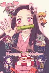  3girls 4boys agatsuma_zenitsu balloon birthday_cake bit_gag black_hair black_haori black_jacket black_pants black_skirt blonde_hair blunt_bangs blunt_ends blush boar_mask bowl box braid brown_eyes brown_hair butterfly_hair_ornament butterfly_print_haori cake chibi chibi_inset chikasarang closed_eyes colored_tips commentary confetti dated demon_slayer_uniform drooling earrings english_commentary fingernails food gag gift gift_box green_eyes green_hair green_thighhighs hair_between_eyes hair_ornament hair_ribbon hanafuda_earrings haori happy_birthday hashibira_inosuke heart_balloon highres holding holding_balloon holding_bowl holding_cake holding_food holding_gift jacket japanese_clothes jewelry kamado_nezuko kamado_tanjirou kanroji_mitsuri kimetsu_no_yaiba kimono kochou_shinobu long_fingernails long_hair low_ponytail mouth_drool multicolored_hair multiple_boys multiple_braids multiple_girls open_clothes open_jacket open_mouth orange_hair orange_haori pants parted_bangs pennant pink_eyes pink_hair pink_kimono pink_ribbon ponytail print_haori purple_hair red_eyes red_hair ribbed_thighhighs ribbon sandals scar scar_on_face scar_on_forehead short_hair sidelocks skirt smile tabi thigh-highs throwing throwing_confetti tomioka_giyuu topless_male two-tone_hair updo upper_body waving 