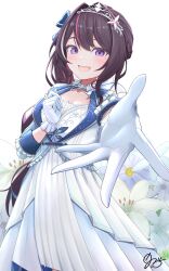  1girl :d absurdres artist_name azki_(dress)_(hololive) azki_(hololive) breasts brown_hair dress floral_background gloves hair_between_eyes hair_ornament highres hishaku_(7stel2ar) hololive large_breasts long_hair long_sleeves mole mole_under_eye multicolored_hair official_alternate_costume open_mouth pink_hair ponytail simple_background smile violet_eyes virtual_youtuber white_gloves white_hair white_tiara 