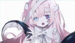 1girl asphyxia17 bandaged_head bandages blouse blue_eyes blush bow bowtie commentary_request extra_eyes fangs holding_tentacle long_hair long_sleeves open_mouth original pale_skin pink_hair shirt solo tentacles upper_body white_background white_bow white_bowtie white_shirt 