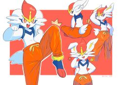  1girl :< ^^^ animal_ears animal_feet animal_hands animal_nose arm_behind_back arm_up artist_name back barefoot blue_fur blush body_fur border bright_pupils buck_teeth cinderace closed_eyes clothed_pokemon clothing_cutout commentary cowboy_shot cropped_legs drawstring english_commentary facing_viewer fighting_stance flat_chest from_behind full_body furry furry_female hand_on_own_hip hand_up happy happy_aura highres indian_style j.jama leg_up light_blush looking_afar looking_back multiple_views notice_lines open_mouth orange_pants outside_border pants pokemon pokemon_(creature) rabbit_ears rabbit_girl rabbit_tail red_background red_eyes red_fur red_hair shading_eyes short_hair short_tail simple_background sitting smile standing standing_on_one_leg sweat tail tail_through_clothes teeth topless_female track_pants twitter_username watermark white_border white_fur white_pupils yellow_fur 