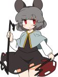  1girl animal_ears black_dress blush capelet closed_eyes closed_mouth cowboy_shot dowsing_rod dress grey_capelet grey_hair holding ini_(inunabe00) long_sleeves mouse_ears mouse_tail nazrin red_eyes short_hair simple_background solo tail touhou white_background 