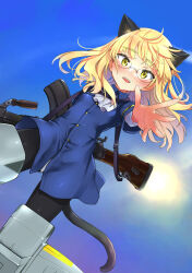  1girl absurdres animal_ears aohashi_ame black_pantyhose blonde_hair blue_jacket blue_sky blush buttons cat_ears cat_girl cat_tail clouds cloudy_sky flying glasses gun highres holding holding_gun holding_weapon jacket long_hair looking_at_viewer military military_uniform neckerchief open_mouth pantyhose perrine_h._clostermann rifle shirt sky solo strike_witches striker_unit tail teeth upper_teeth_only weapon weapon_request white_neckerchief white_shirt world_witches_series yellow_eyes 