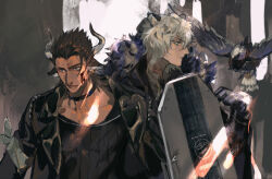  2boys animal_ears arknights armband bird black_gloves blood blood_on_face brown_eyes brown_hair cat_ears choker cow_boy cow_ears cow_horns eucharist_(susukinoo) gloves highres holding holding_shield horns jacket jewelry leather leather_jacket leopard_ears male_focus matterhorn_(arknights) multiple_boys shield shirt short_hair silverash_(arknights) upper_body white_hair 
