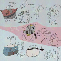  1girl arrow_(symbol) bag cynthia_(pokemon) hair_over_one_eye handle haraya holding mixed-language_commentary partially_colored pokemon pokemon_masters_ex reading sidelocks translation_request 