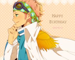  1boy aqua_eyes blue_scarf coat coat_on_shoulders collared_coat commentary_request dated epaulettes floral_print green_headband happy_birthday headband koby_(one_piece) komomo1214 male_focus one_piece pink_hair polka_dot polka_dot_background profile scarf short_hair sideburns smile solo upper_body 
