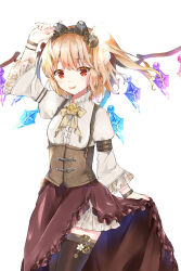  1girl :p alternate_costume blonde_hair bow bowtie brown_corset brown_thighhighs commentary_request corset cowboy_shot crystal crystal_wings dress flandre_scarlet flower goggles goggles_on_head highres long_sleeves looking_at_viewer minatsuki_yurara multicolored_wings neck_flower one_side_up red_eyes red_skirt rose side_slit simple_background skirt smile solo thigh-highs tongue tongue_out touhou white_background white_dress wide_sleeves wings yellow_bow yellow_bowtie yellow_flower yellow_rose 