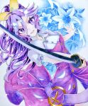  1girl bangs belt blue_flower chaka3464 closed_mouth collarbone dress flower hair_between_eyes hair_ribbon holding holding_sword holding_weapon long_hair looking_at_viewer ponytail purple_hair red_dress ribbon solo sword touhou traditional_media violet_eyes watatsuki_no_yorihime weapon 