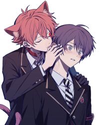  ace_trappola animal_ears black_gloves blush choker closed_eyes deuce_spade gloves highres iceee63 licking red_hair school_uniform tail teeth tongue tongue_out twisted_wonderland white_background 