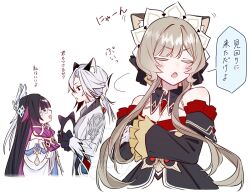  3girls animal_ears arlecchino_(genshin_impact) bare_shoulders black_hair blush brown_hair cat_ears closed_eyes coat columbina_(genshin_impact) crossed_arms dress fake_animal_ears genshin_impact hair_ornament headdress long_hair looking_at_another multicolored_hair multiple_girls open_mouth ore_no_imouto_ga_konna_ni_kawaii_wake_ga_nai para_(para_mi0103) ponytail red_eyes red_hair sandrone_(genshin_impact) smile suit twintails white_hair 
