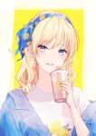  1girl bangs blonde_hair blue_eyes blue_hairband blue_jacket cup drinking_straw earrings flower_earrings hairband head_tilt highres holding holding_cup jacket jewelry lemon_print long_hair looking_at_viewer nekomaaro open_clothes open_jacket original parted_lips shirt smile solo t-shirt upper_body white_shirt yellow_background yellow_nails 