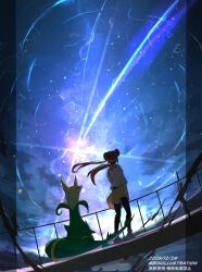  1girl black_pantyhose bo_(bouillustration) brown_hair donut_hair_bun double_bun hair_bun hat highres long_hair night pantyhose pantyhose_under_shorts pokemon pokemon_(creature) pokemon_bw2 raglan_sleeves rosa_(pokemon) serperior shirt shooting_star shorts sky star_(sky) twintails visor_cap yellow_shorts 