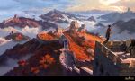  1girl above_clouds arrow_(projectile) black_hair blue_sky bow_(weapon) clouds great_wall_of_china highres landscape letterboxed ling_xiang original outdoors quiver scenery sky solo standing tower weapon 