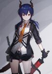  1girl absurdres arknights belt black_jacket blue_hair ch&#039;en_(arknights) fingerless_gloves gloves highres holding holding_sword holding_weapon horns jacket low_twintails necktie red_eyes shiratakiseaice shorts sword tail twintails walkie-talkie weapon 