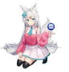 1girl animal_ear_fluff animal_ears bangs black_legwear blue_eyes blue_necktie breasts closed_mouth collared_shirt d-pad d-pad_hair_ornament discord_logo hair_ornament hairclip highres ihachisu kneeling long_hair long_sleeves looking_at_viewer meridian_project mizuki_(vtuber) necktie off-shoulder_sweater off_shoulder pink_sweater shirt simple_background skirt small_breasts smile solo sweater tail thigh-highs virtual_youtuber white_background white_hair white_shirt white_skirt wolf_ears wolf_girl wolf_tail 