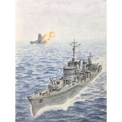  anti-aircraft_gun atelier_bono battleship commentary_request destroyer firing highres imperial_japanese_navy isokaze_(destroyer) mast military military_vehicle no_humans ocean operation_ten-gou original painting_(medium) rising_sun_flag sailing ship ship_turret sunburst traditional_media type_96_aa_gun vehicle_focus warship watercolor_(medium) watercraft yamato_(battleship) 
