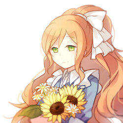  1girl apron blue_jacket bouquet closed_mouth collared_shirt daisy_(flower) danganronpa_(series) danganronpa_3_(anime) flower frilled_apron frills green_eyes happy hiragi_rin holding holding_bouquet jacket leaf looking_ahead lowres necktie puffy_short_sleeves puffy_sleeves shirt short_sleeves sidelocks simple_background smile solo sunflower upper_body white_apron white_background white_flower white_necktie white_shirt yellow_flower yukizome_chisa 