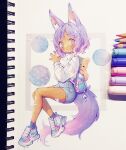  1girl abstract_background absurdres animal_ear_fluff animal_ears anny_(yoai) backpack bag bandaid bandaid_on_clothes bandaid_on_leg bandaid_on_thigh bangs blue_hair blush colored_pencil colored_pencil_(medium) commentary dark_skin dot_mouth english_commentary fox_ears fox_girl fox_tail hands_up highres invisible_chair long_sleeves looking_at_viewer marker marker_(medium) original own_hands_together pencil photo_(medium) shoes short_hair shorts sidelocks sitting sneakers solo steepled_fingers sweatshirt swept_bangs tail traditional_media white_sweatshirt 